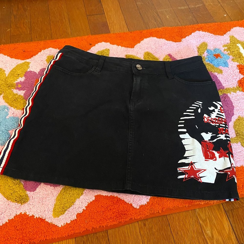 B*9 JOJO Black Jean Skirt with Red Motif Designed in New York